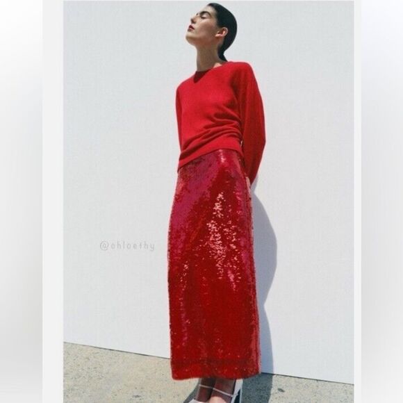 ZARA ZW COLLECTION RED SEQUIN SKIRT - Picture 9 of 16